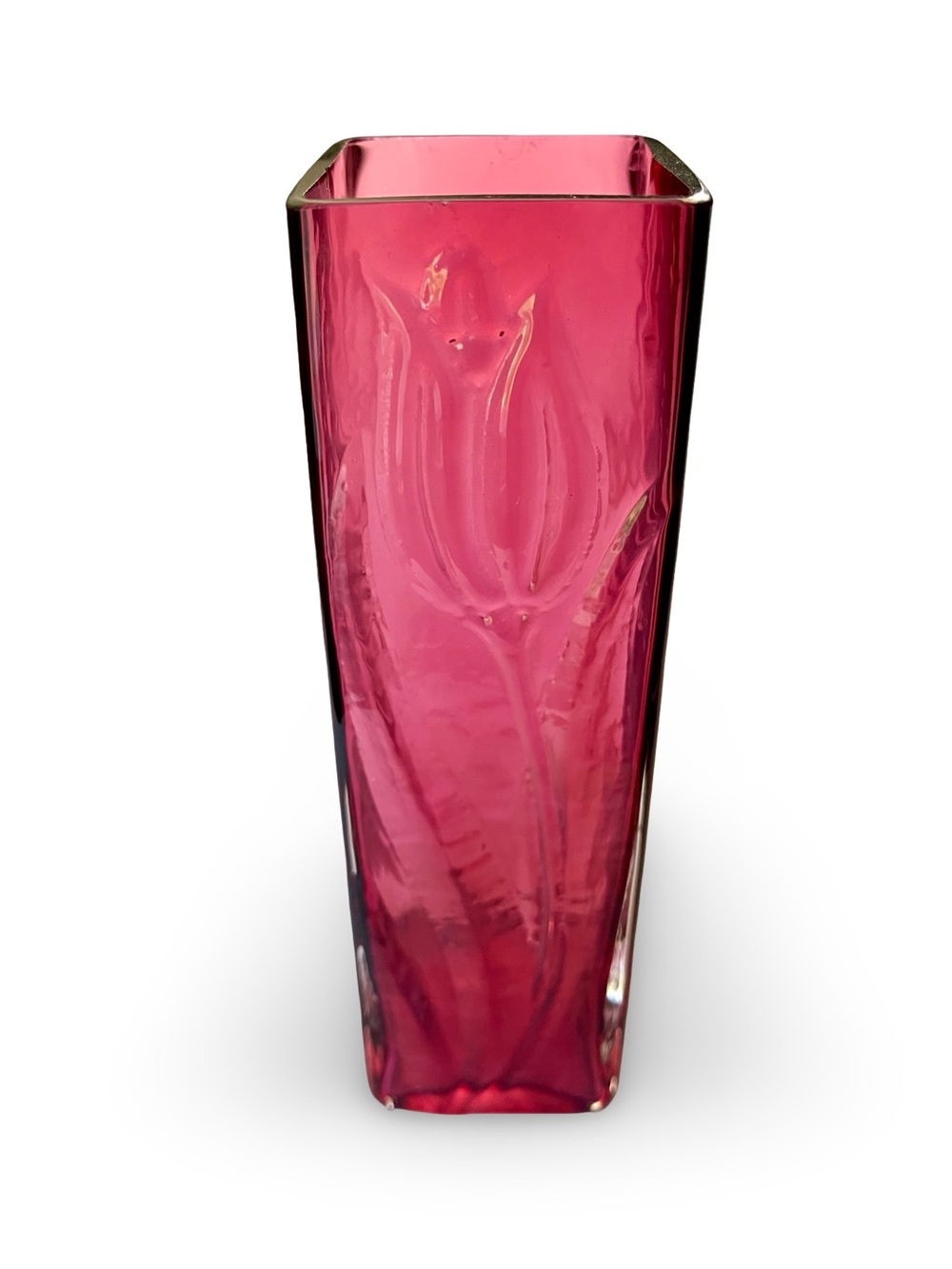 Vintage Pilgrim Cranberry Art Glass Square Vase Embossed Tulip
